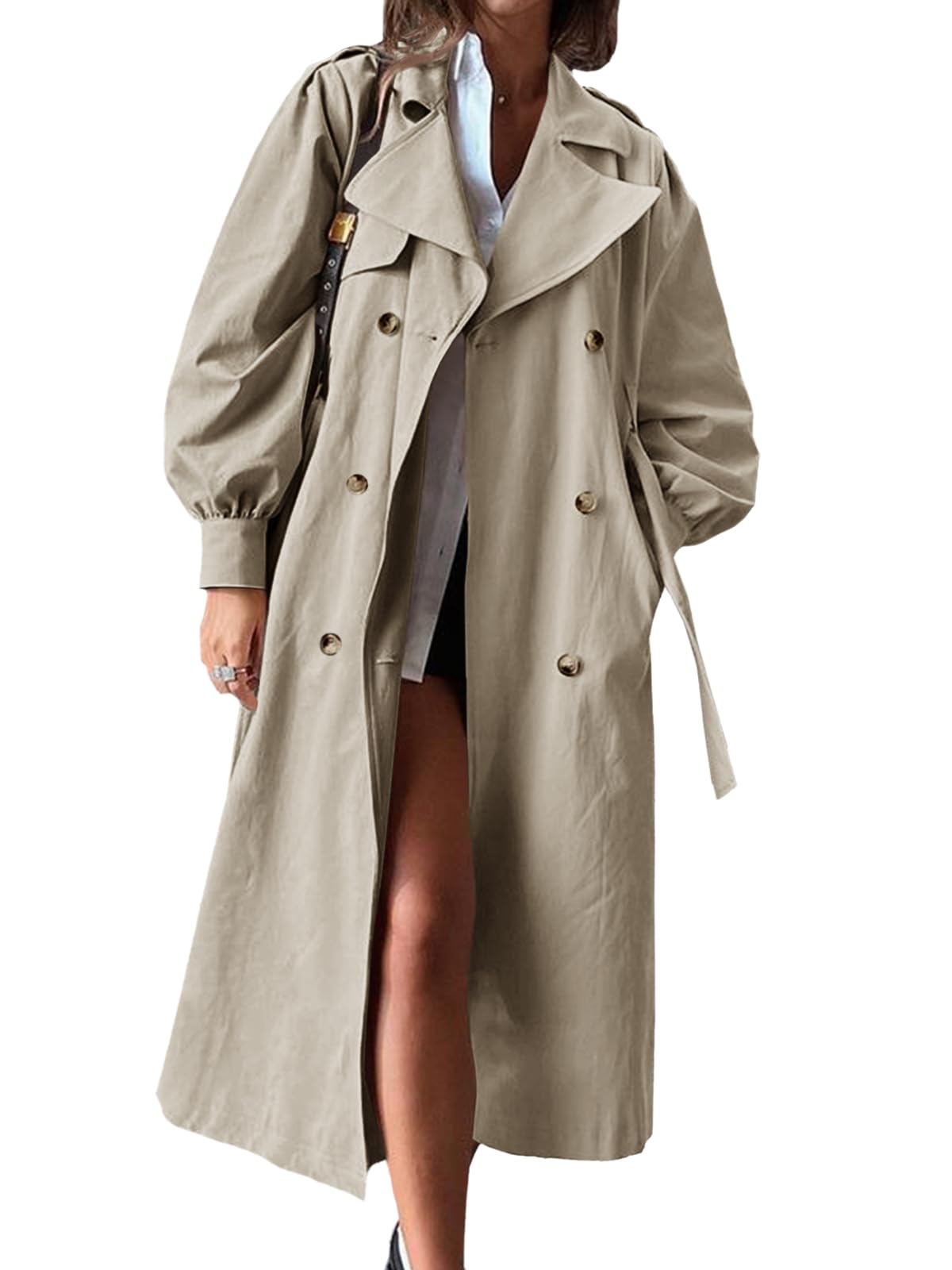 Tankaneo Womens Long Trench Coat Fall Fashion Oversized Double Breasted Lapel Overcoat Outerwear with Belt