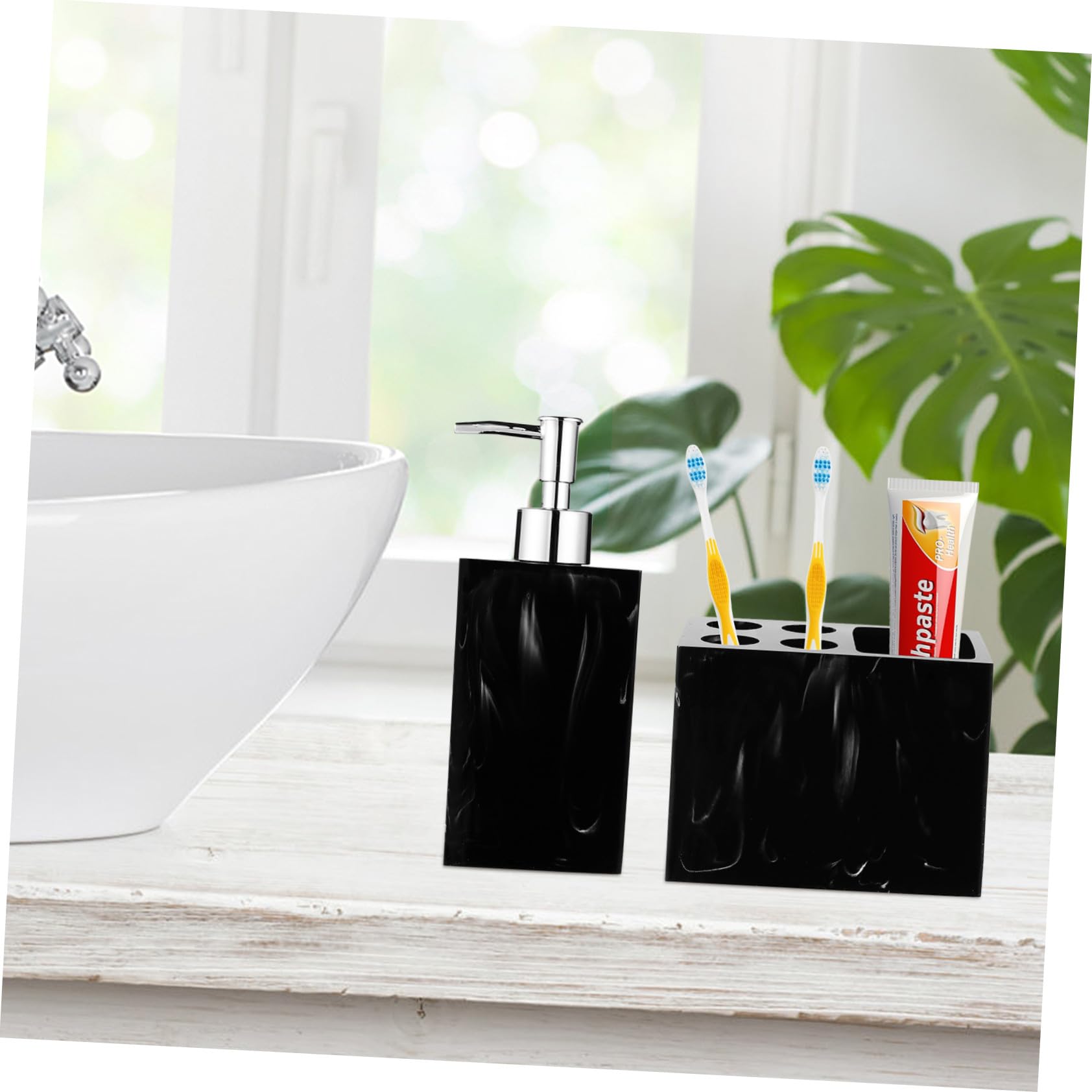 Set de Accesorios de Baño Negro de Resina Jaspeada Botellas de Mano, Soporte para Cepillos de Dientes y Jabonera, Fácil de Limpiar y Cómodo para Uso Diario