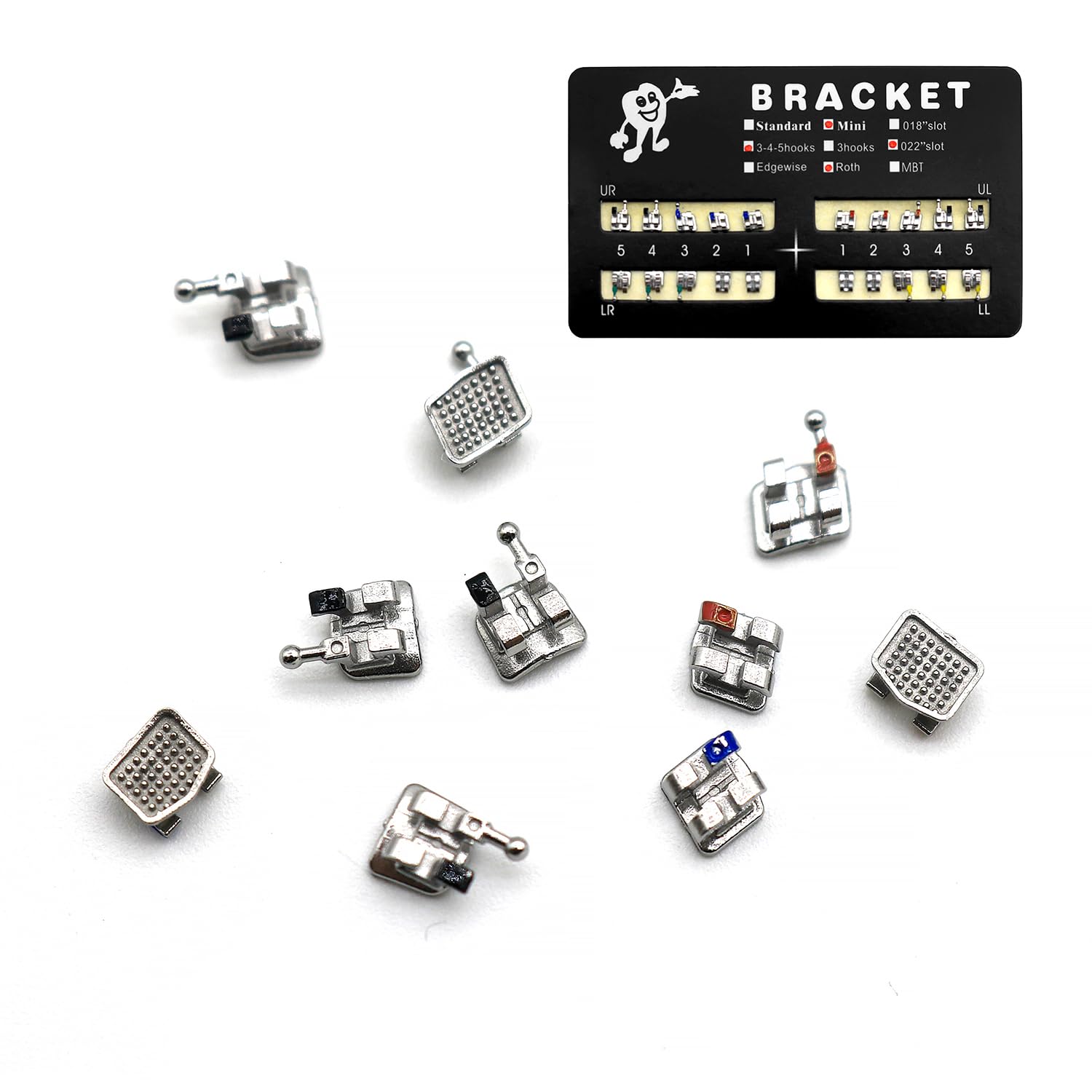 300pcs/Pack 022 Slot Bondable with Hook on 345 Teeth Model Mini Roth Brackets Roth,15 pieces per pack 20 pieces per pack.