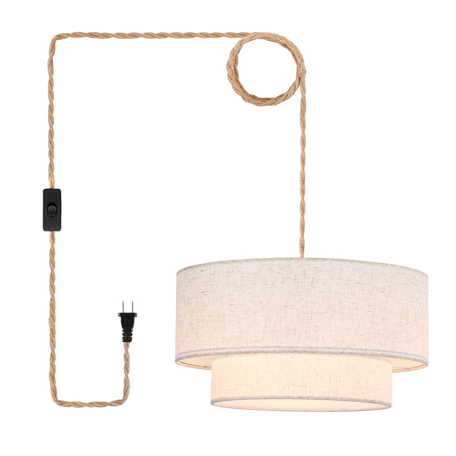 plug in pendant light, 2-tier drum linen pendant lights with 15.7ft handmade woven light cord?17.7" plug in chandelier for dining room kitchen island and bedroom