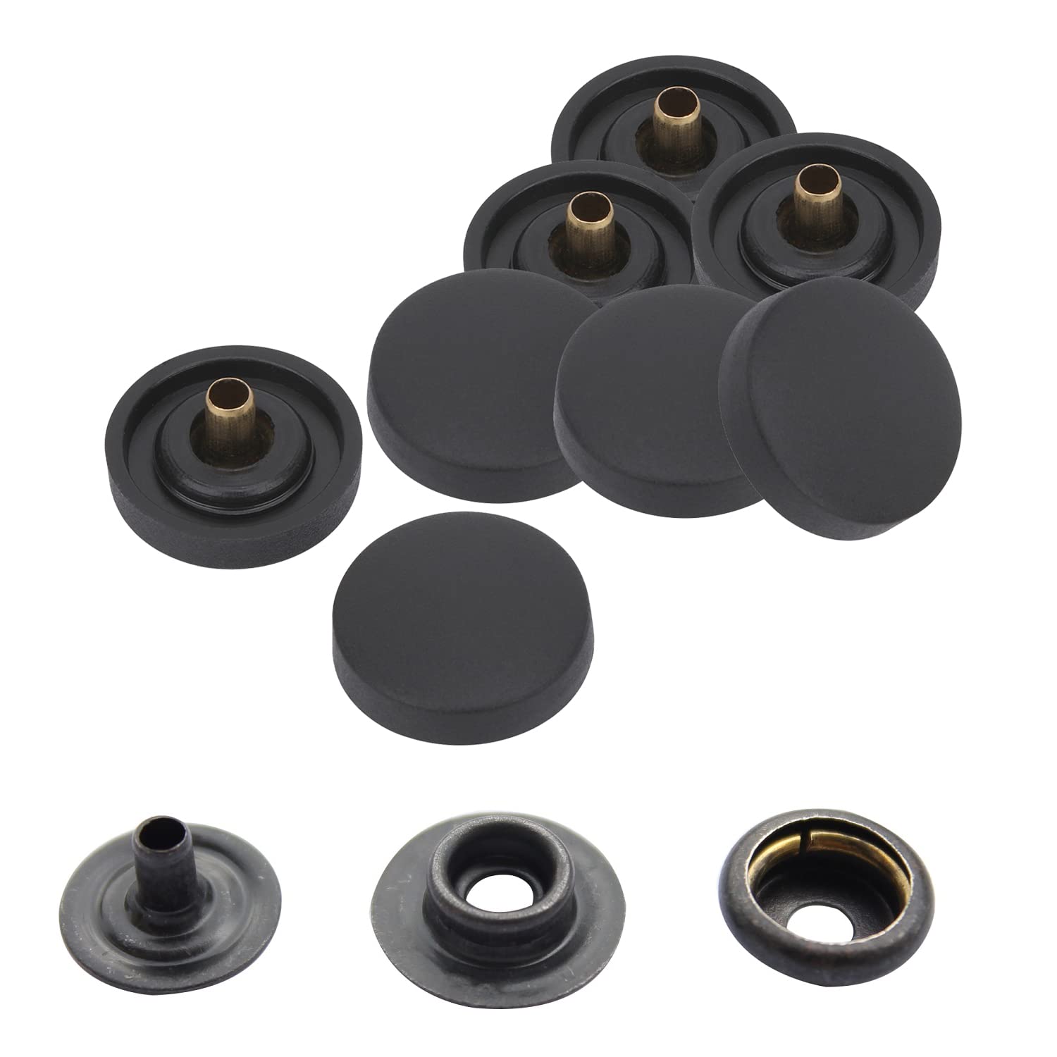 WedDecor Botones de presión sin costura, 4 piezas de cierres duraderos, tapa de plástico con broches traseros de metal para bolsos, jeans, ropa, tela, manualidades de cuero, negro, 500 piezas
