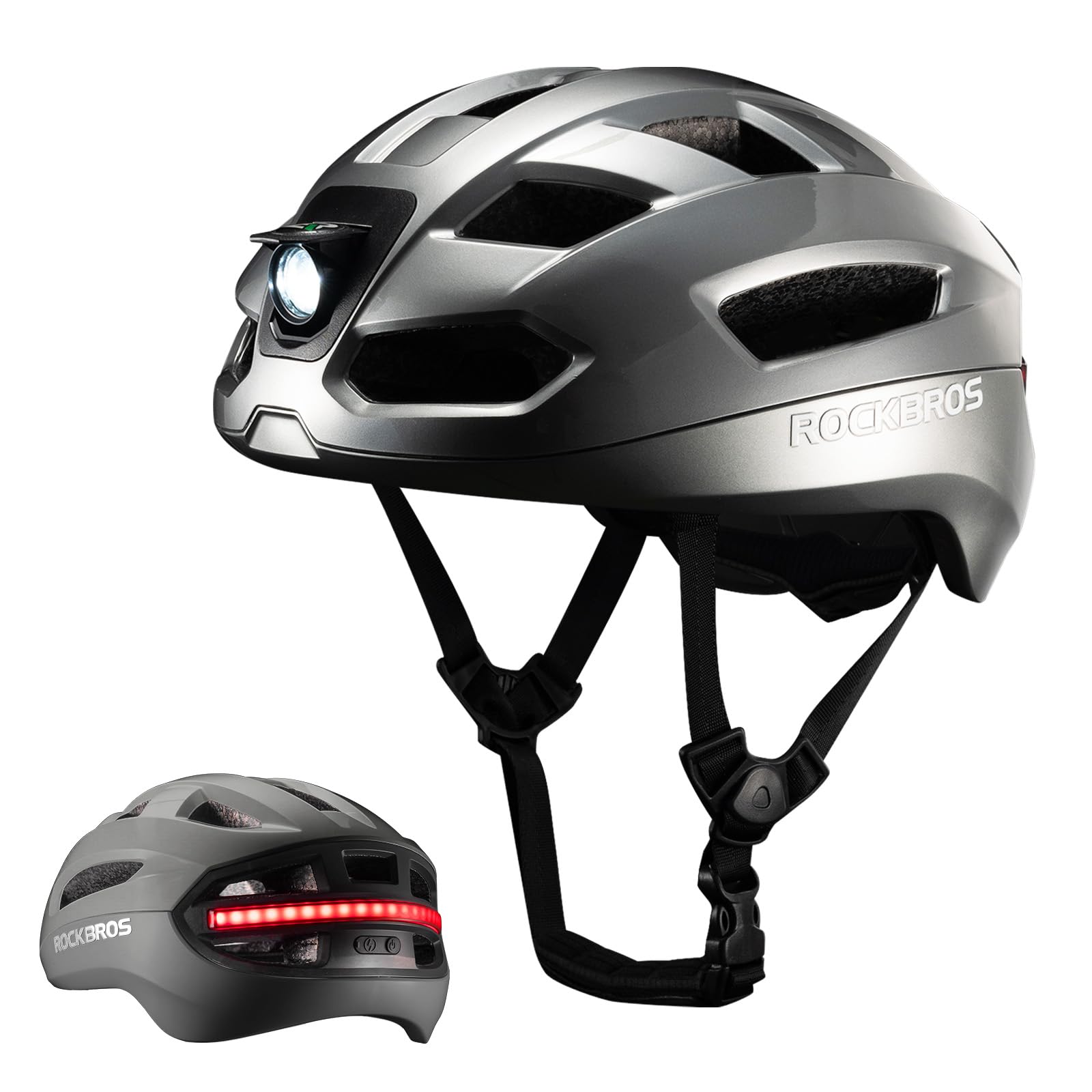 ROCKBROS Casco Bicicleta con Luces LED Delanteras y Traseras, Señales de Giro Inteligentes, Casco MTB para Ciclismo Carretera y Montaña, Ligero con Ventilación Ajustable 54-60cm