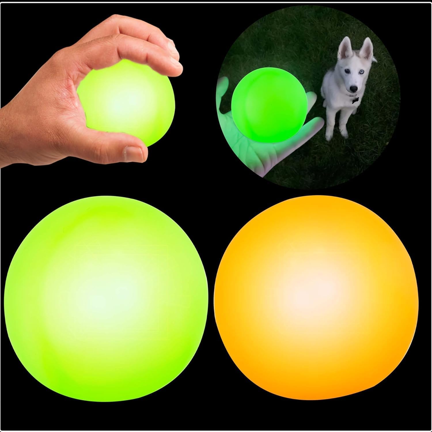 SRV Hub 2x Glow in the Dark Ball for Dogs, Green and Orange, Night Time Glowing Fetch Toy, Perfect for Playtime and Outdoor Adventures, Size 6.5cm