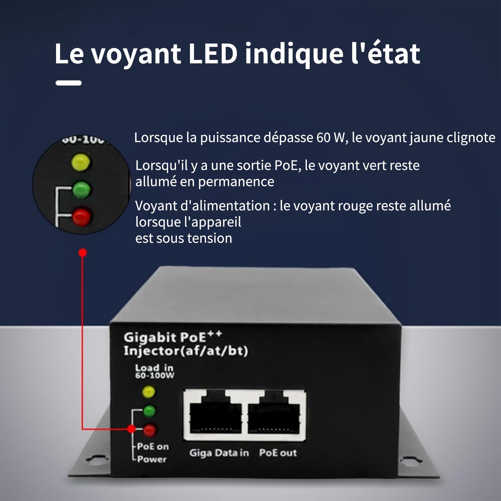 Injecteur PoE Gigabit 90W RJ45 IEEE 802.3af/at/BT | Montage Mural,Câble Secteur EU,Compatible avec les caméras IP/PTZ,points d'accès WiFi,téléphones VoIP,haut-parleurs PoE