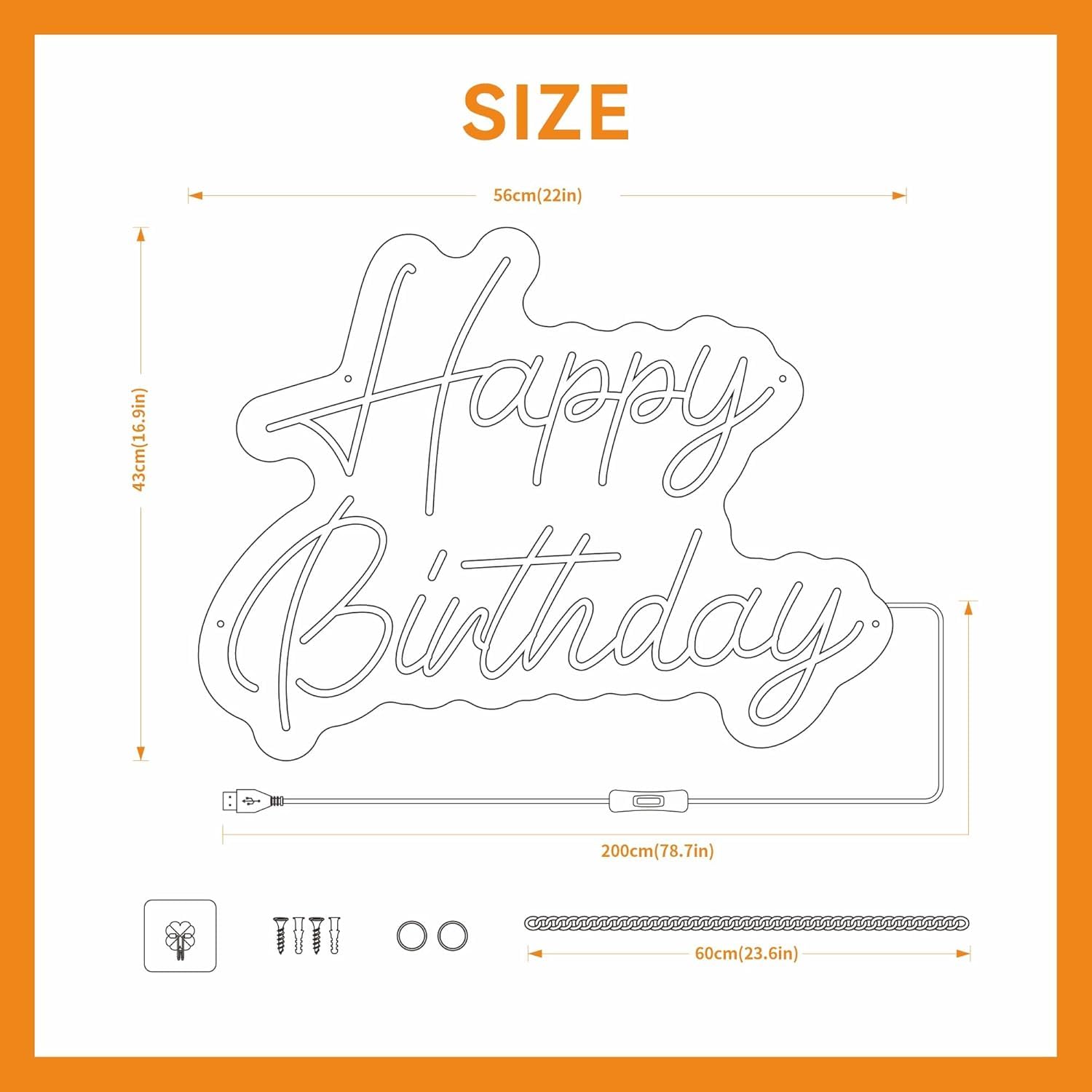 GENDLTHIJ Neon "Happy Birthday" do dekoracji ścian, ciepła biel LED, artystyczna dekoracja, neonowy znak świetlny na każdą imprezę urodzinową (biały)