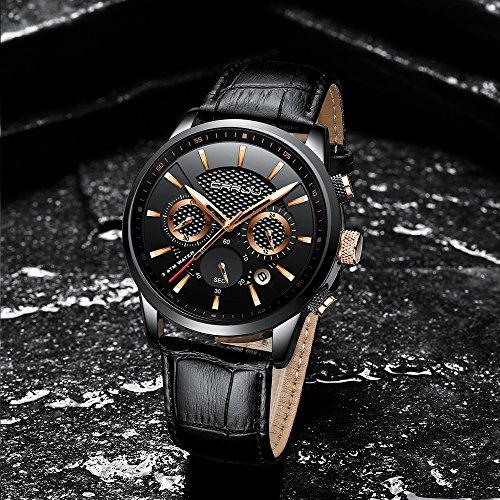 Image of CRRJU Men's Business Casual Chronograph Quartz Waterproof Wristwatch Black Leather Strap