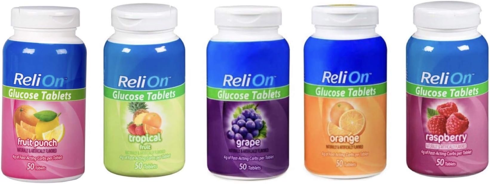 Reli On Glucose Tablets Bundle of Fruit Punch, Tropical Fruit, Grape, Orange, and Raspberry