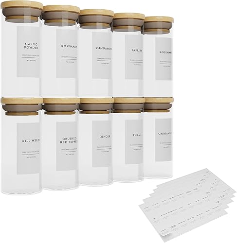 Decorium Interiors Tarros de especias de bambú (paquete de 10, 6 onzas), tarros de vidrio con tapas de bambú, recipientes de especias con tapas de