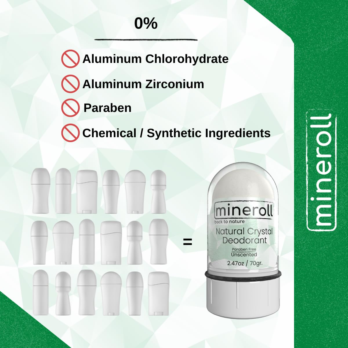 Mineroll Doğal Kristal Deodorant - Vegan, Kokusuz, 24 Saat Koruma, Kadın ve Erkeler İçin - Alum Taş, Mineral Tuz, Roll-on, 70 gr