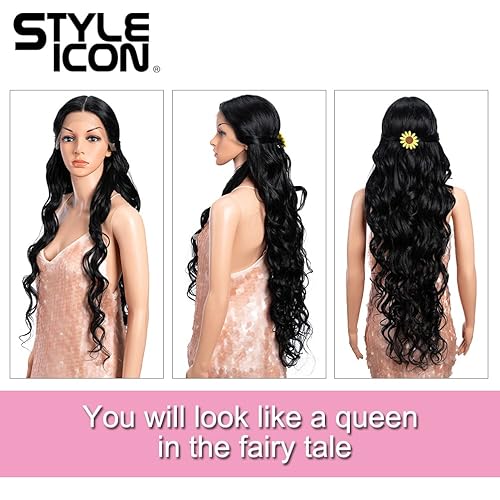 Miniatura 6 de Style Icon Pelucas de encaje frontal de 36 pulgadas, pelucas negras súper largas con cabello de bebé, densidad del 130 %, peluca sintética de fibra