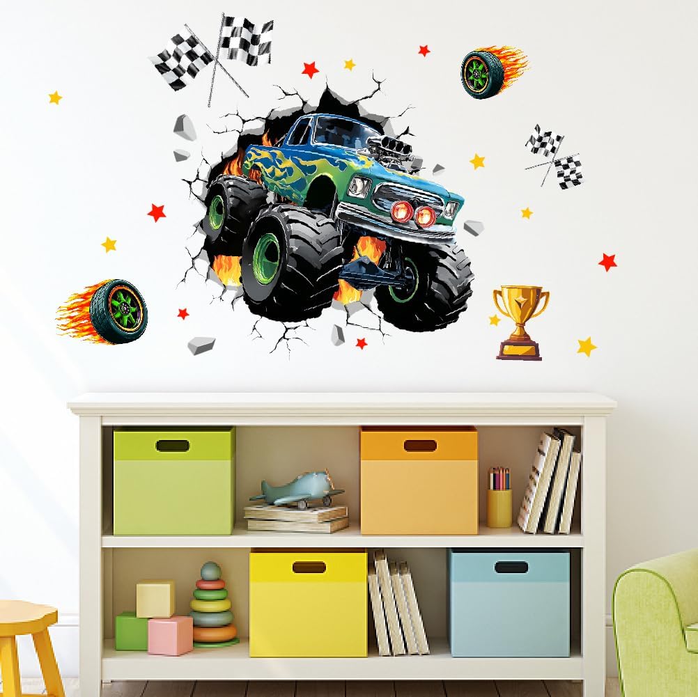 SUPERDANT 3D Monster Truck Wall Stickers Wall Decor Peel and Stick Decals | Racing Car Clings Kids Room Vinyl Art Mural for Boy Bedroom Playroom Toddler Room Home Livingroom Nursery Decorations Gift
