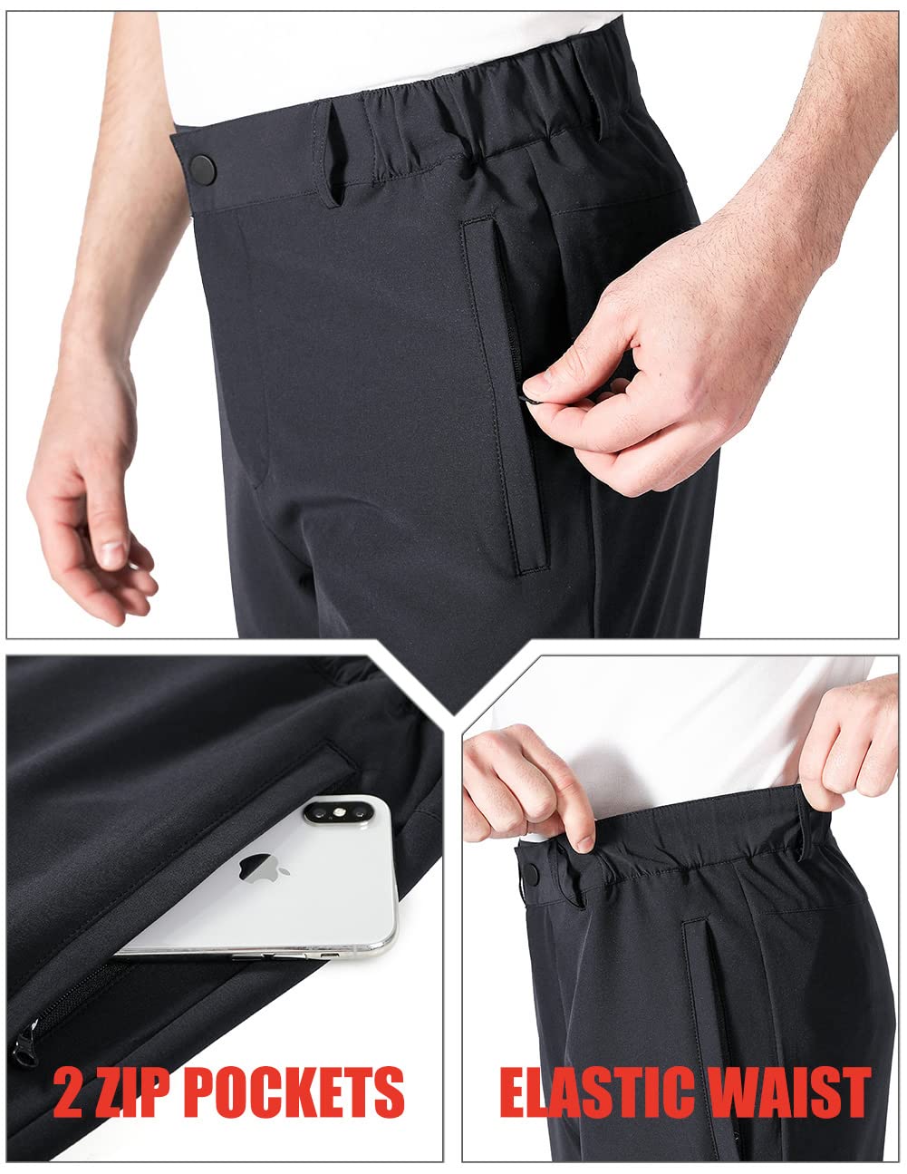 Pantalon Golf Homme Extensible Imperméable Pantalon Homme Slim Stretch Coupe Droite Sports Golf Pants Taille élastique avec 4 Poches Noir 2XL
