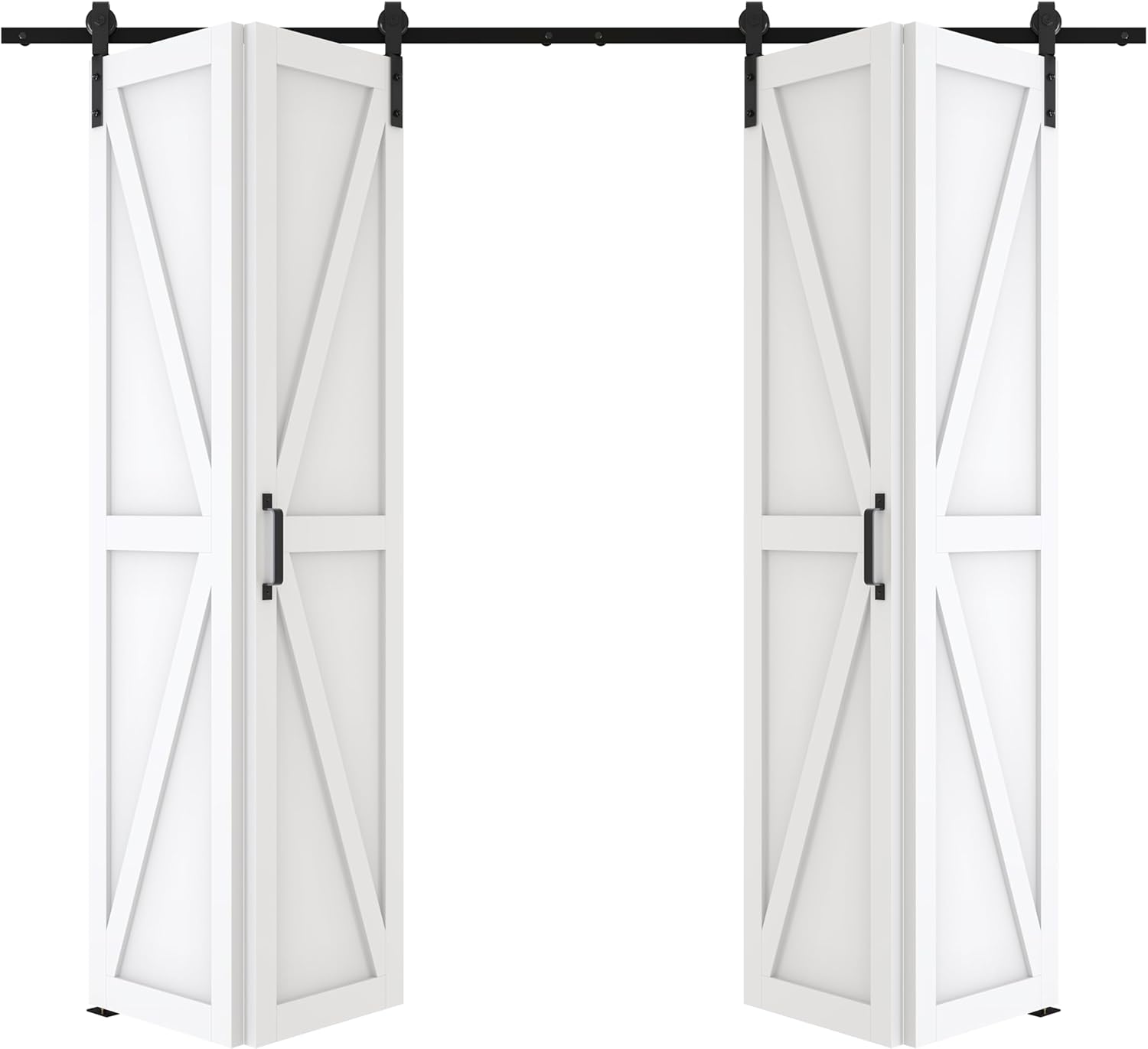 72" x 84" Bifold Barn Door, K-Shape Bi-fold Sliding Closet Doors with Hardware Kit, MDF Wood Door with PVC Surface, 2X 3.33FT Track for 4 Finished Panels, White