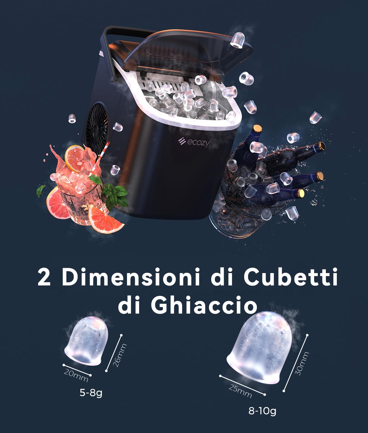 ecozy Macchina Ghiaccio, 12KG/ 24 ore, 9 Cubetti di Ghiaccio in 6 Minuti, 2 Dimensioni di Ghiaccio, Macchina del Ghiaccio Autopulente, Ice Maker Portatile per Casa/Festa/Cucina/Bar