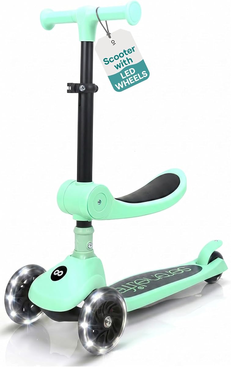 3 Wheel Scooter for Toddlers & Kids, Foldable Seat, LED Wheels, Adjustable Handlebar, Anti-Slip Deck, Rear Foot Brake, Lean-to-Steer, Kid Scooter, Supports up to 110 lbs (Mint Green)