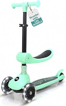 SereneLife 3 Wheel Scooter for Toddlers & Kids, Foldable Seat, LED Wheels, Adjustable Handlebar, Anti-Slip Deck, Rear Foot Brake, Lean-to-Steer, Kid Scooter, Supports up to 110 lbs Mint Green