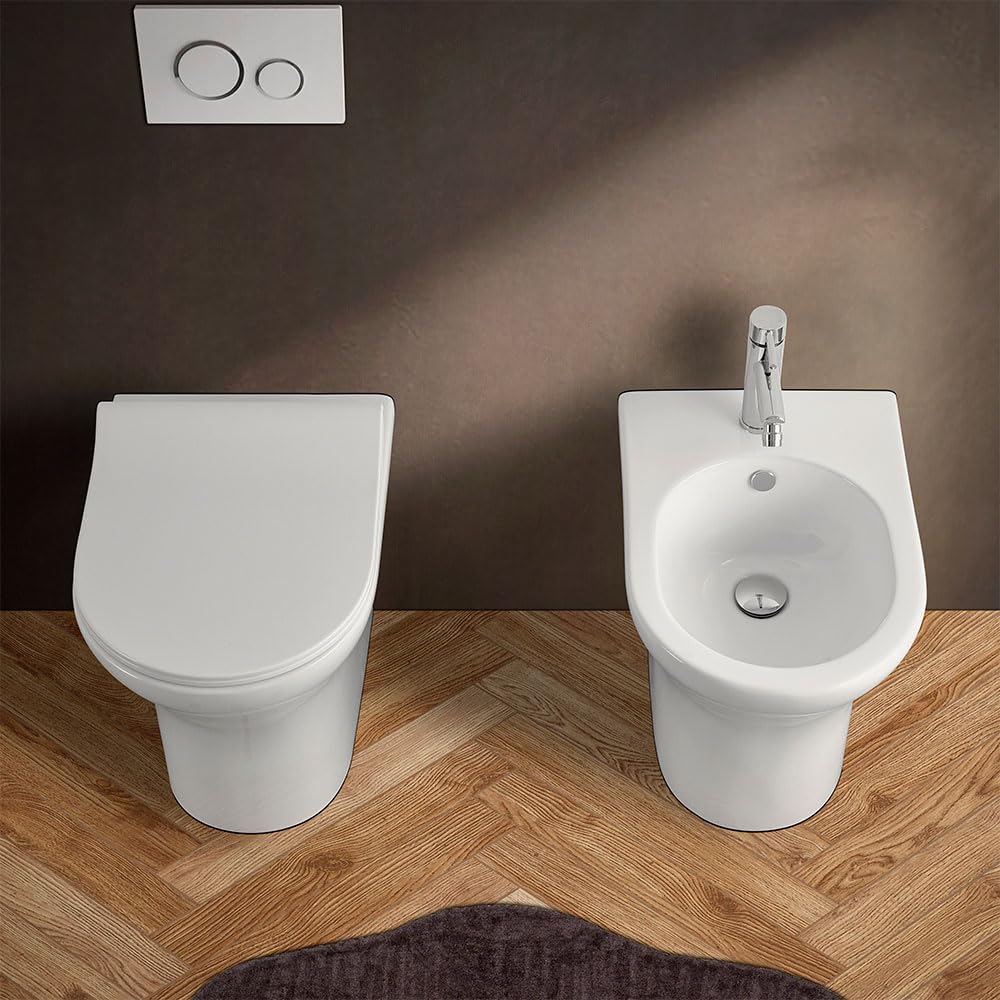 Wc singolo filomuro bianco lucido senza brida, scarico universale a parete o a pavimento, fissaggi inclusi, ITACA