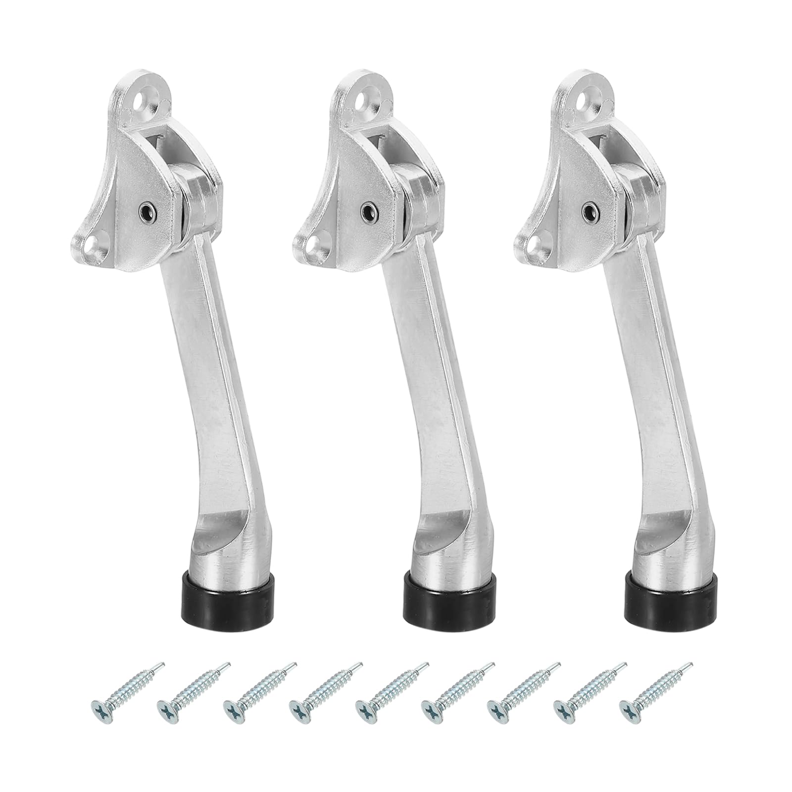 sourcing map 3 Set Kickdown Door Stopper, 4.9" Zinc Alloy Kick Down Door Stoppers for Bottom of Doors One Touch Adjustable Doors Holder with Non-Slip Rubber Tip and Screws for Apartment, Silver