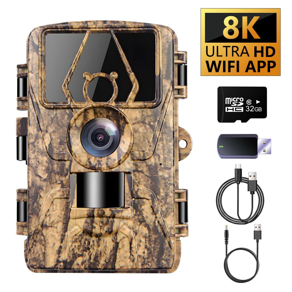 Caméra de chasse 8 K HD avec carte SD 32 G, détecteur de mouvement, caméra de vision nocturne, étanche, sans lueur, pour la chasse et la surveillance