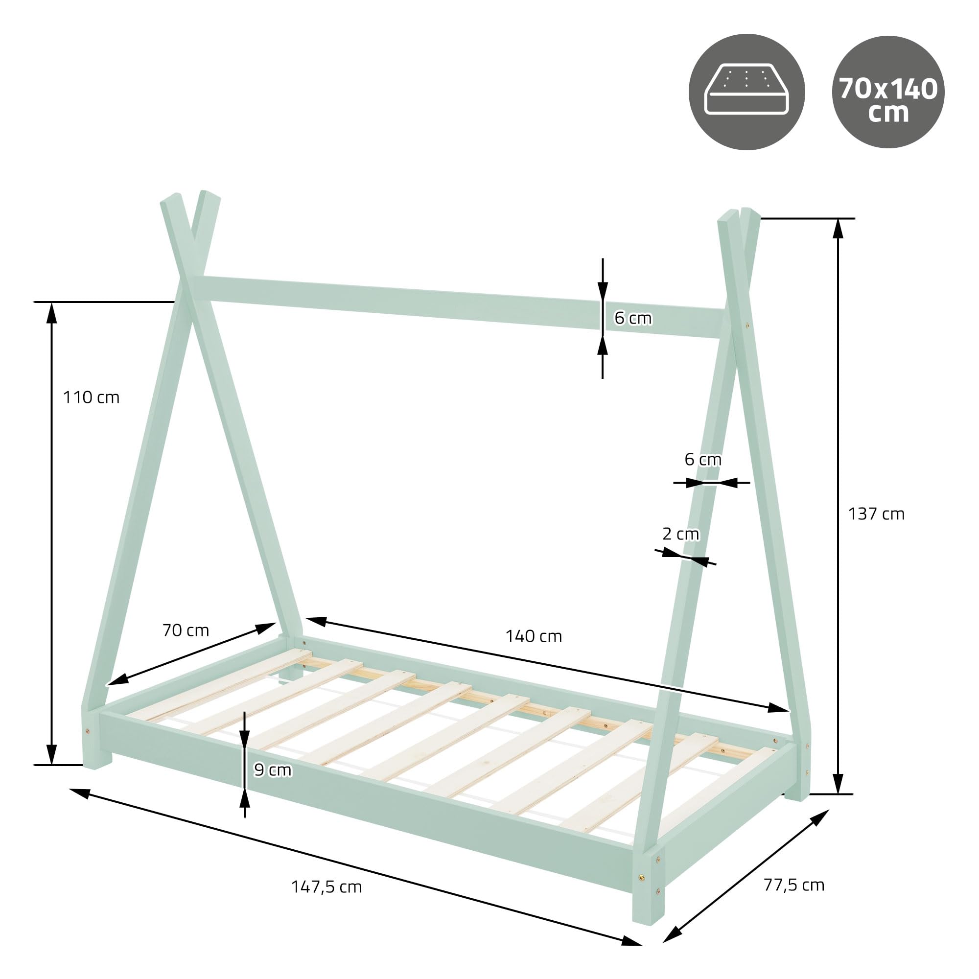 ML-Design Kinderbett Tipi 70 x 140 cm mit Lattenrost, Mint, Indianer Bett aus Massivholz, Hausbett für Mädchen und Jungen, Kinderhaus Jugendbett Holzbett Bettenhaus Spielbett Bettgestell Zelt Holz
