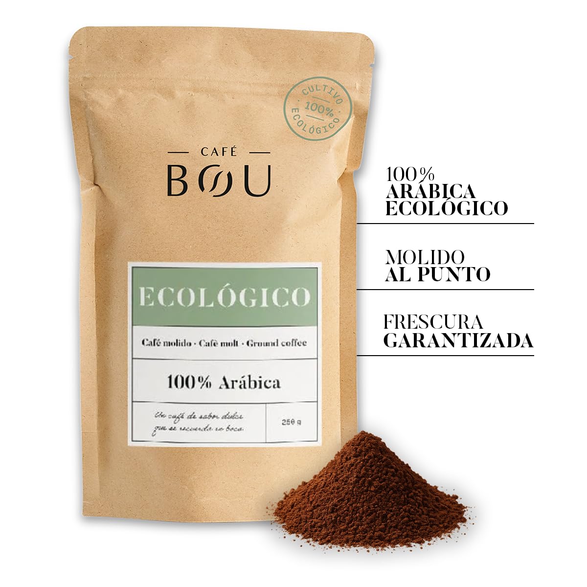 Café BOU - Molido Ecológico Certificado Para Espresso | 3x250g | Aroma caramelo y fruta, cuerpo medio