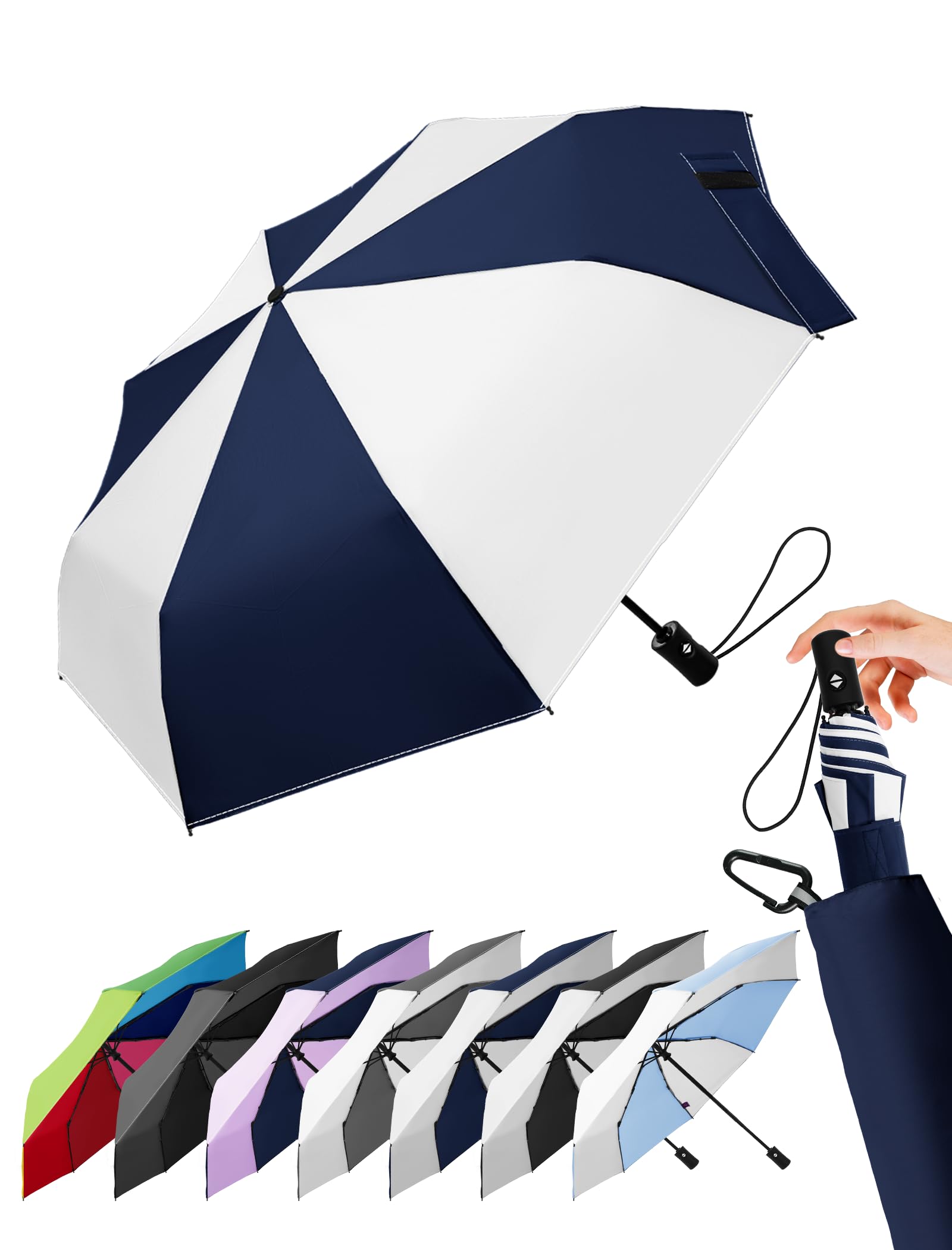 LILAC Regenschirm Klein Stabil Windfest, 110cm Taschenschirm Auf-Zu-Automatik, Kompakter Reiseschirm mit Klettverschluss & Karabiner, Leicht Faltschirm für Damen Herren