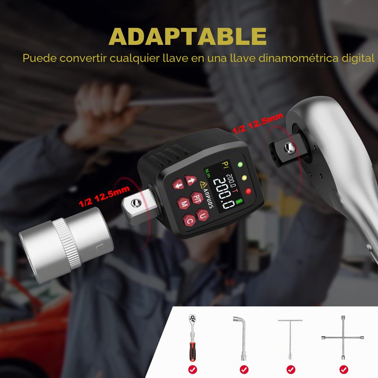 ANPUDS Llave Dinamométrica Digital, 1/2" Adaptador de par Digital 10-200Nm, Alta Precisión ±1%, Memoria Preestablecida, Zumbador e Indicador LED con Adaptador de 1/4" y 3/8" para Coche, Moto