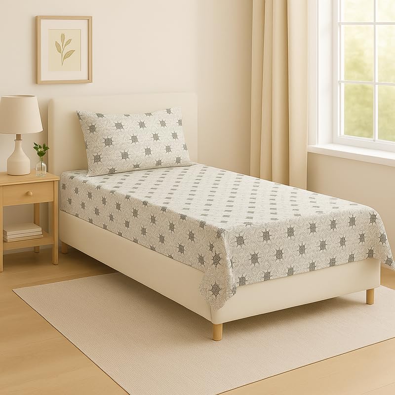 BSB HOME Flat Bedsheet for Single Bed with 1 Pillow Cover | Soft Touch Cotton | Comfortable & Durable | Size 90 x 60 Inch | Elegant Printed Bedding Set for Daily Use, Color - White Grey