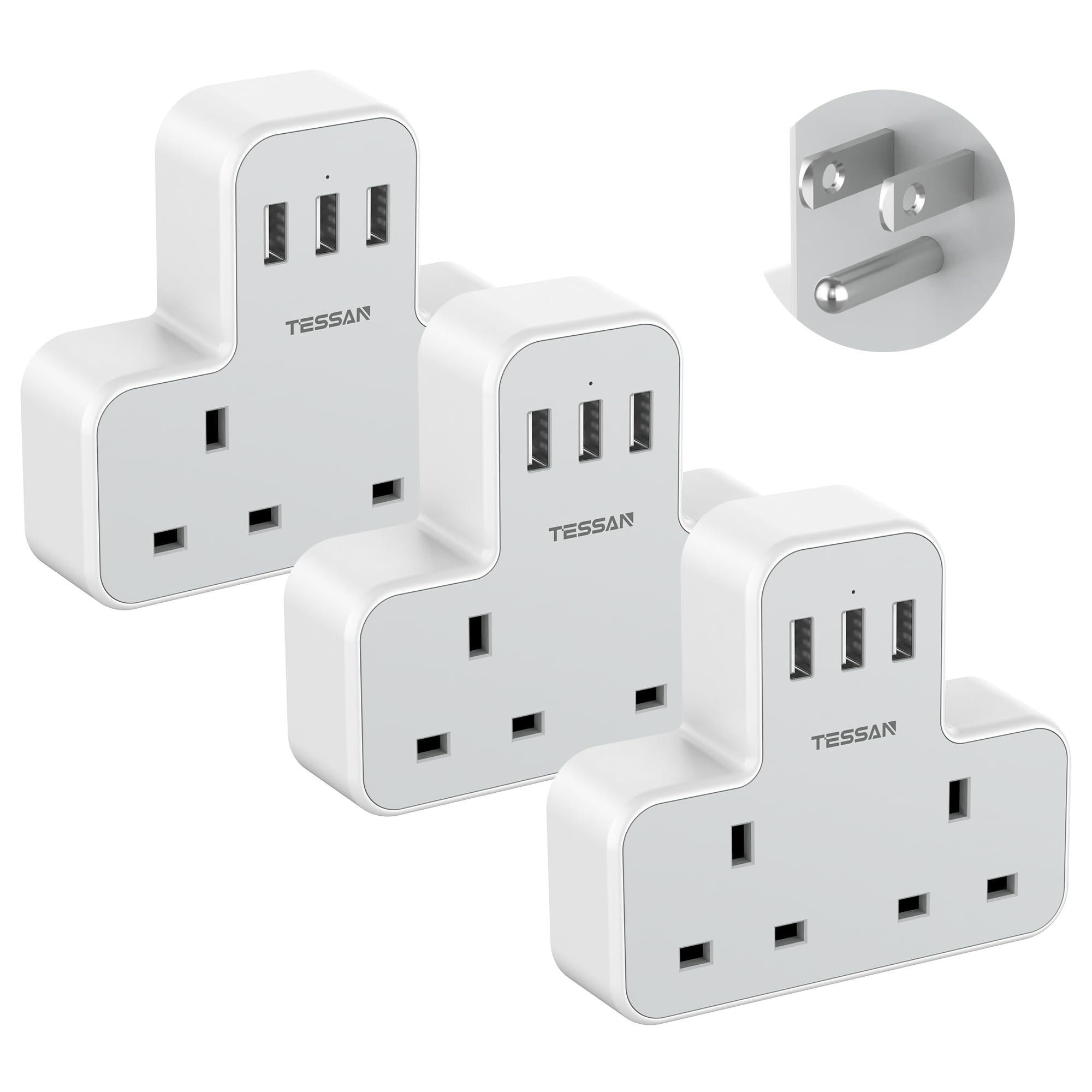 UK to US Plug Adapter with 3 USB Ports, TESSAN 2 Way Grounded USA Travel Adapter, Double Plug Adaptor from UK to America, Canada, Thailand, Mexico, Canada, Thailand, Cuba(Type B), 3 Pack