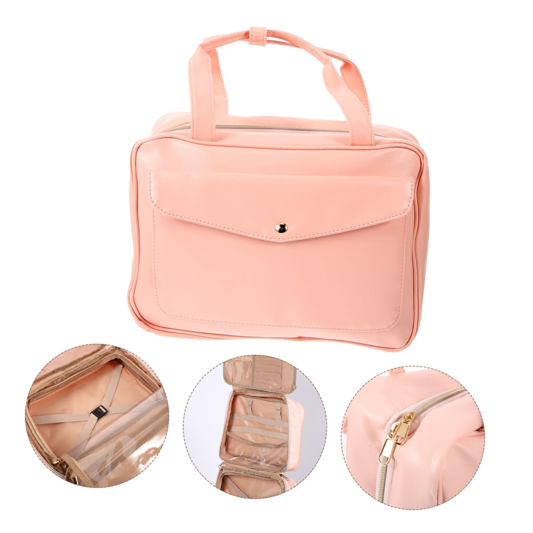 Borsa da Toilette Rosa in Pelle Pu Manico e Scomparti | Borsa Cosmetica da Viaggio, Design Appendibile Tasche e Capienza Ampia, per Viaggio e Uso Outdoor