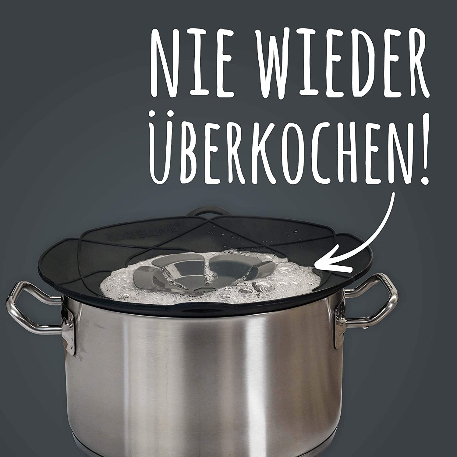 Kochblume das Original, Silikon Überkochschutz für Töpfe und Pfannen, Mikrowellen-Deckel, Spritzschutz und Dampfgar-Aufsatz | (anthrazit, XL | Topfgröße 20-28cm)