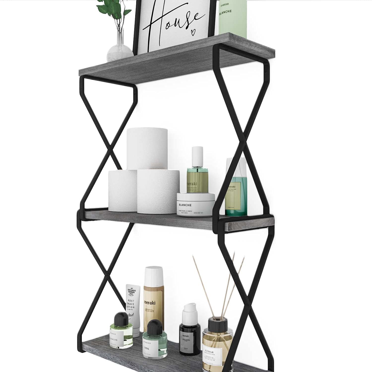 Wallniture Lucca 3-Tier Floating Shelves for Wall, 17"x6" Bathroom Storage Shelves, Rustic Wood Shelf, Gray