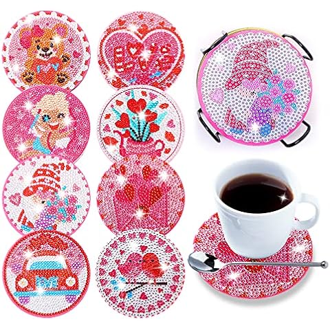 8 Pcs Diamond Painting Coasters with Holder,Love DIY Diamond Art and Crafts for Adults, Valentine's Day Gift Small Diamond Painting Kits Accessories Cover