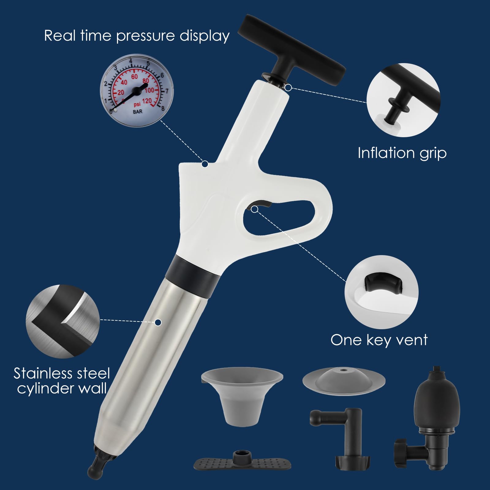 Air Toilet Plunger Toiletten Pömpel Piston WC Haute Pression Set 5 en 1 Toilet Plunger High Pressure Plunger Clog Remover pour toilettes, lavabo, baignoire, siphon de sol