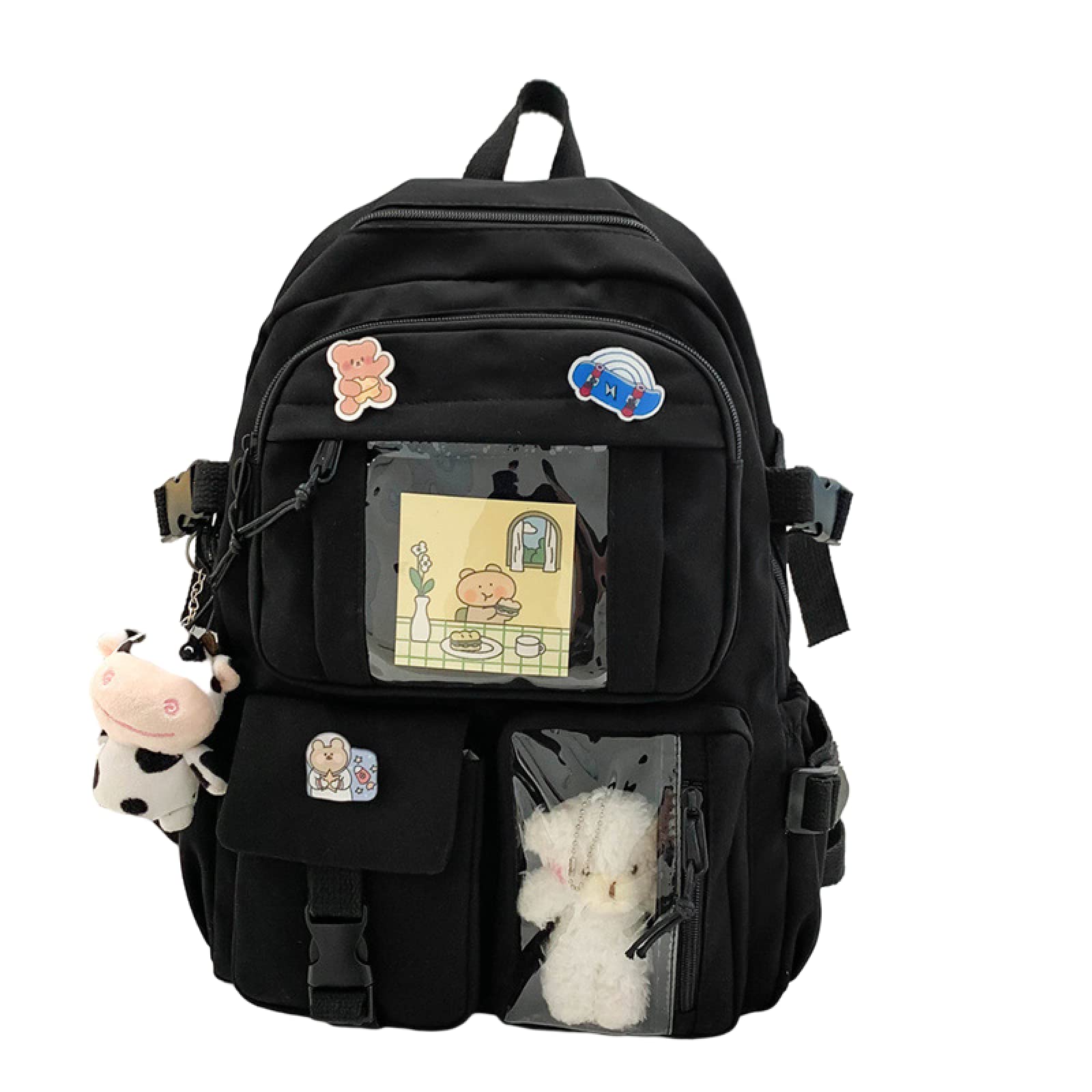 NCDUANSAN Kawaii Backpack with Kawaii Pin and Accessories Backpack Cute Aesthetic Backpack Cute Kawaii Backpack for School(black)