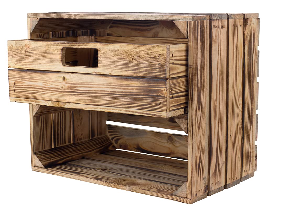 3 geflammte/flambierte Apfelkisten mit Schublade und Fach 50cm x 40cm x 30cm Regal Holzkiste Kiste Obstkiste