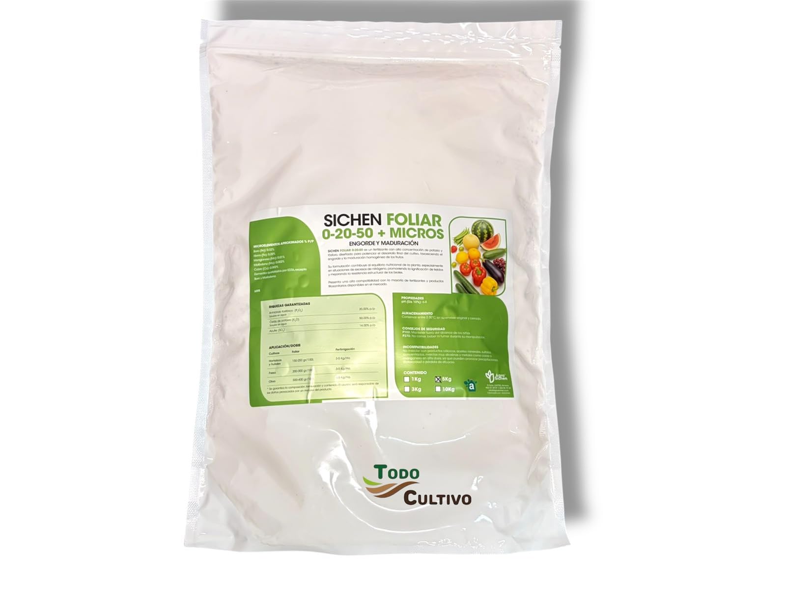 ABONO FOLIAR DE ENGORDE Y MADURACION NPK 0-20-50 5KG. FERTILIZANTE DE ALTA CONCENTRACION DE POTASIO CON MICROELEMENTOS. 0-20-50 5KG.