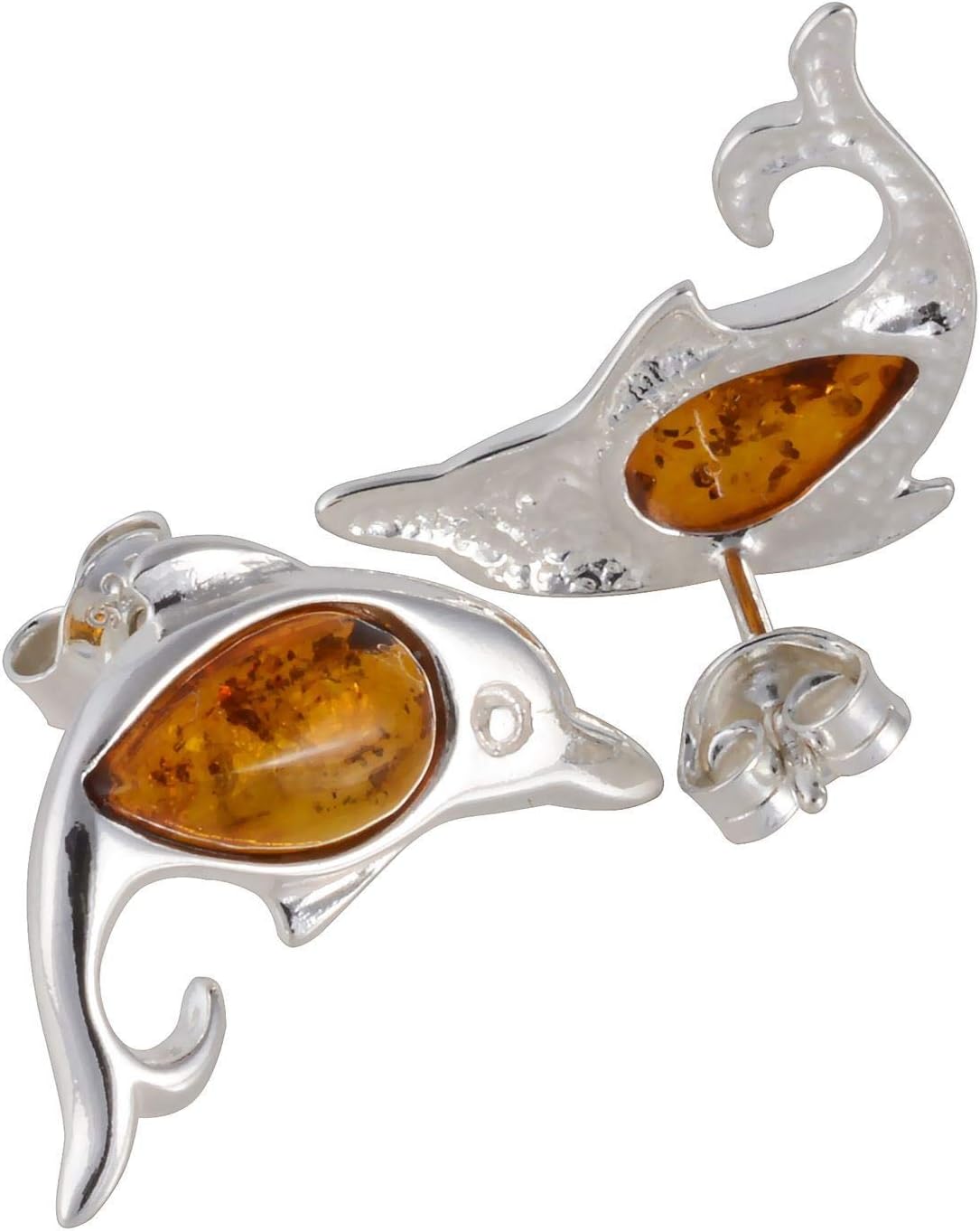 Amber Earrings - Baltic Honey Amber Dangling Earrings "Dolphins" - Sterling Silver Jewelry Collection