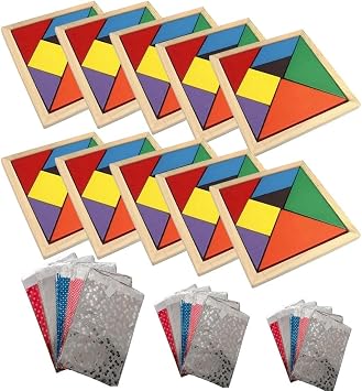 Esmay 10 ADET Ahşap Kare Tangram Renkli Zeka Oyunu 7 Parça 14x14cm Hediye Paketi ile birlikte Okul Öncesi İlk Okul Karne Hediyesi Doğum günü Hediyesi
