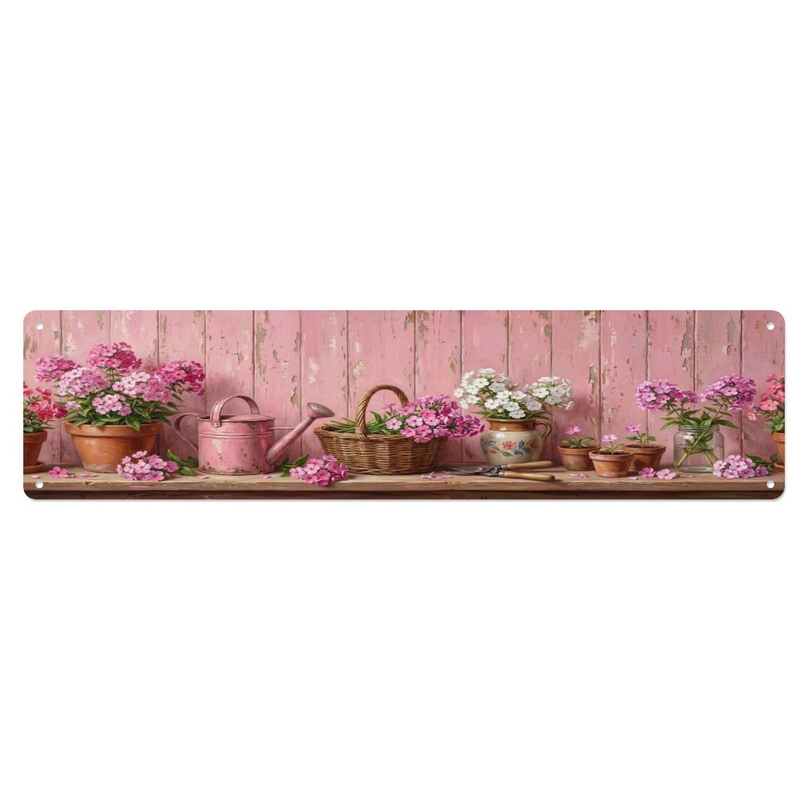 Floral Garden Tools Phlox Border Pattern Print Metal Tin Sign