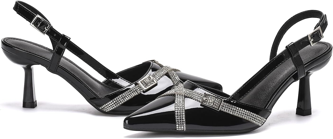 getmorebeauty Women's Slingback Kitten Heels Rhinestone Pumps Buckle Strap Closed Pointed Toe Wedding Party Dress Sandals Shoes Comfortable - Image 4