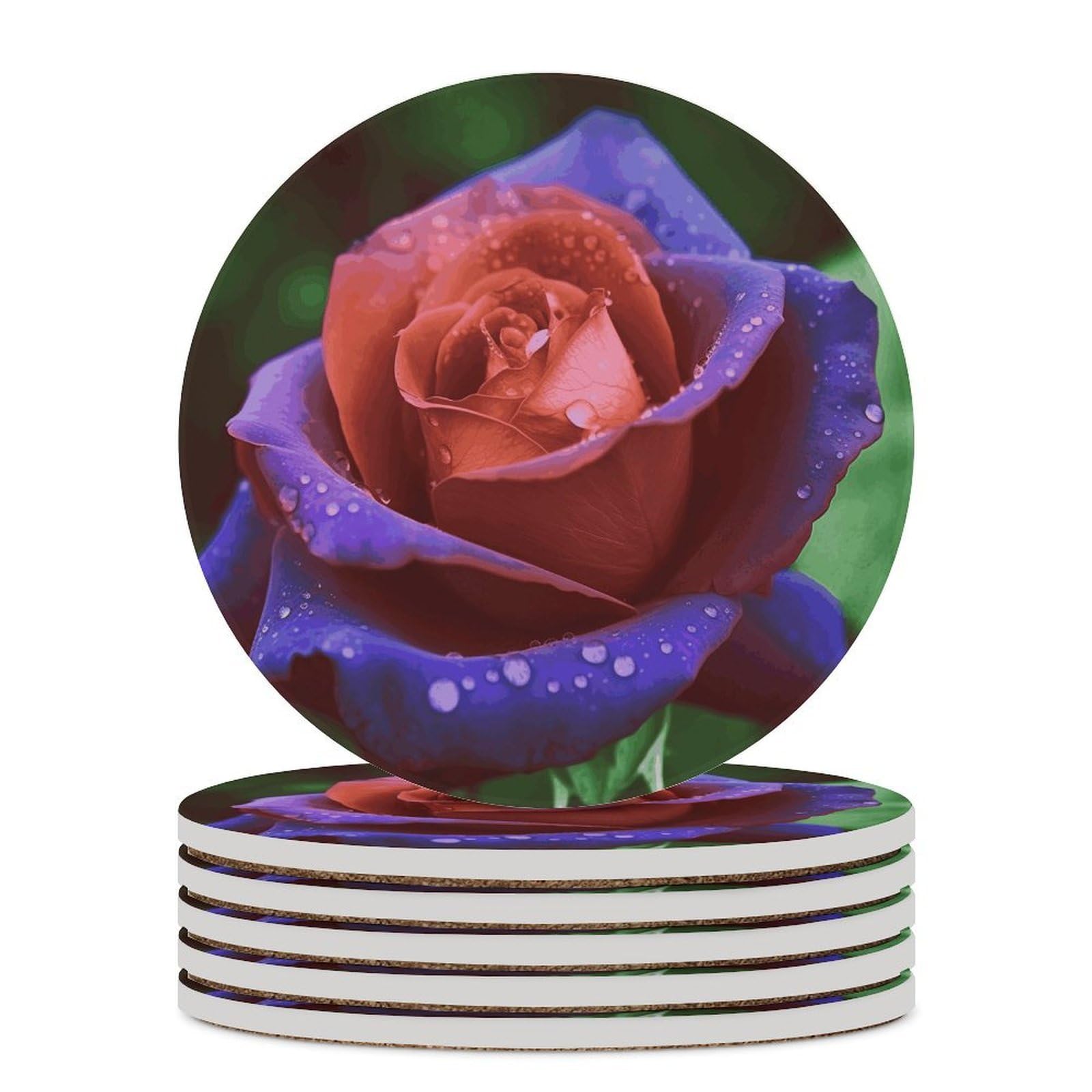 Khauerbc Style Rose2 Drink Coasters With Holder For Coffee Table,Ceramic Coaster With Cork Base,Ceramic Stone Coaster For Iced Cold Or Hot Drinks,4.1 Inches