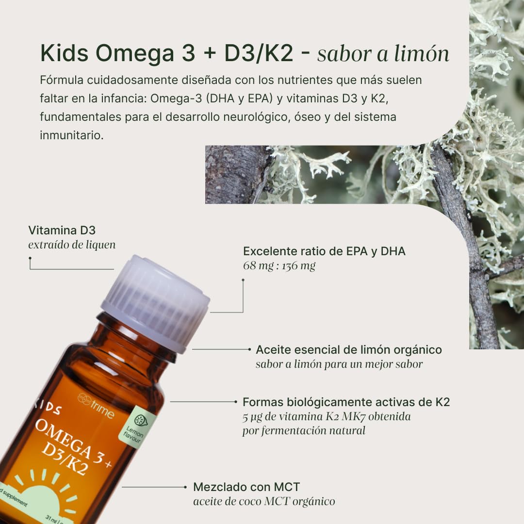 Kids Omega 3 + Vitamin D3 & K2 Tropfen aus Mikroalgen für Kinder | Unterstützung des Immunsystems, Gesunde Entwicklung, 31 ml, 60 Portionen, Zitrone