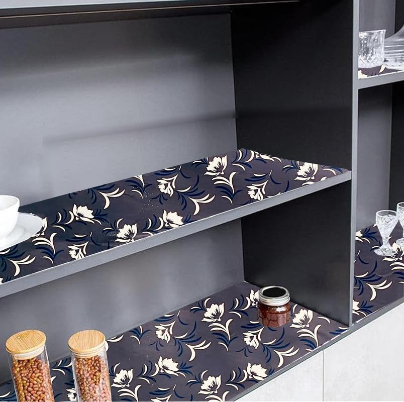 Image of Anti-Slip Kitchen Shelf Liner - 20 Meter Roll, Waterproof Multipurpose Mat for Fridge, Cabinet, Drawer, Trolley & Bathroom - Easy to Cut Floral Blue Print (Grey)