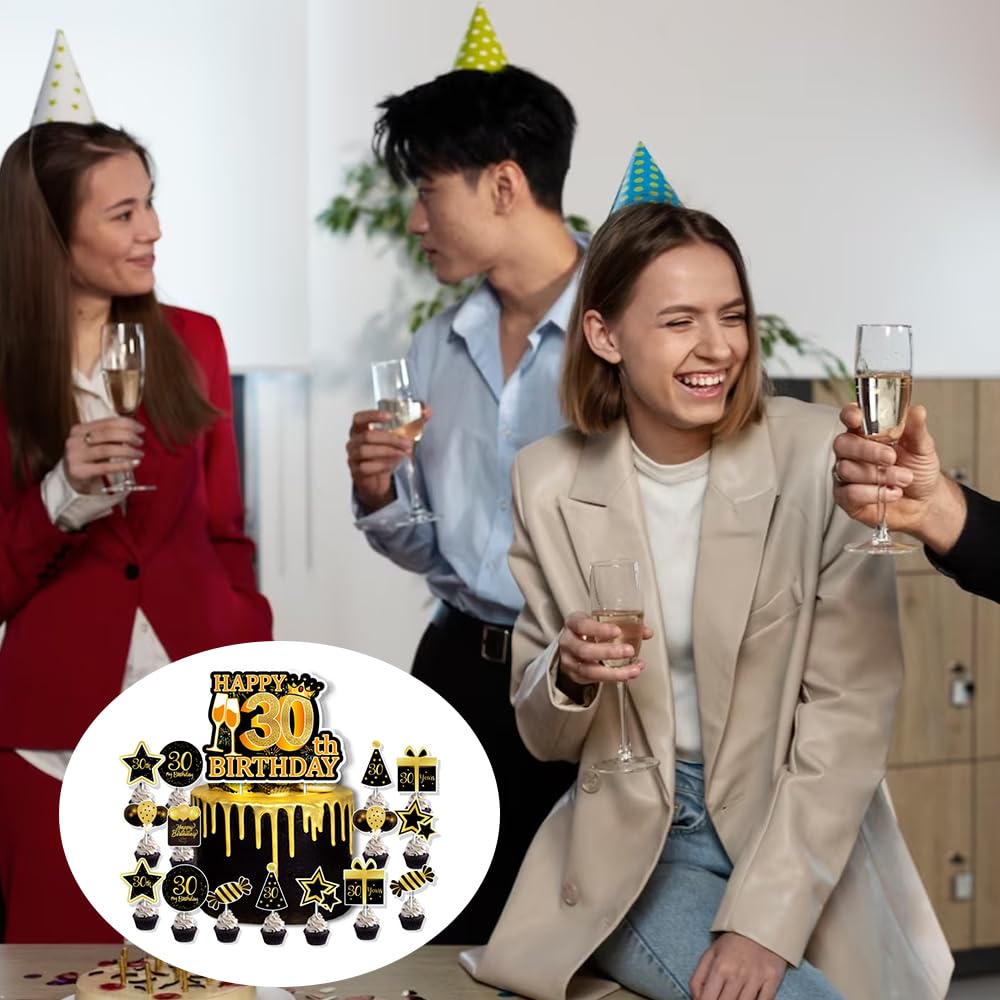 Cake Topper 30. Geburtstag – 16-teiliges Set, Glitzerkarton, Für Kuchen & Cupcakes, Wiederverwendbar