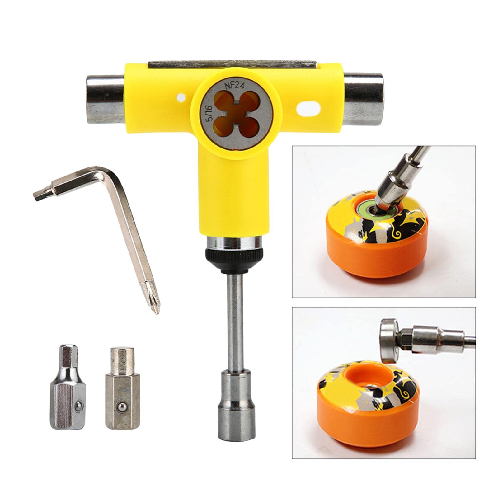Outil Pratique Skateboard Clé T Accessoire Patinage Wrench Acier Inoxydable Portable Installation Facile Réglage Roue Utilisé pour Atelier Mobilité, Jaune