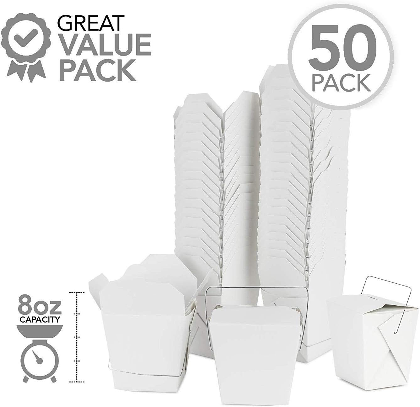 Takeout Food Containers with Handle 8 Oz White Microwaveable Mini Chinese Take Out Box (50 Pack) Leak and Grease Resistant Stackable To Go Boxes - Recyclable Food Containers - Party Favor Boxes : Industrial & Scientific