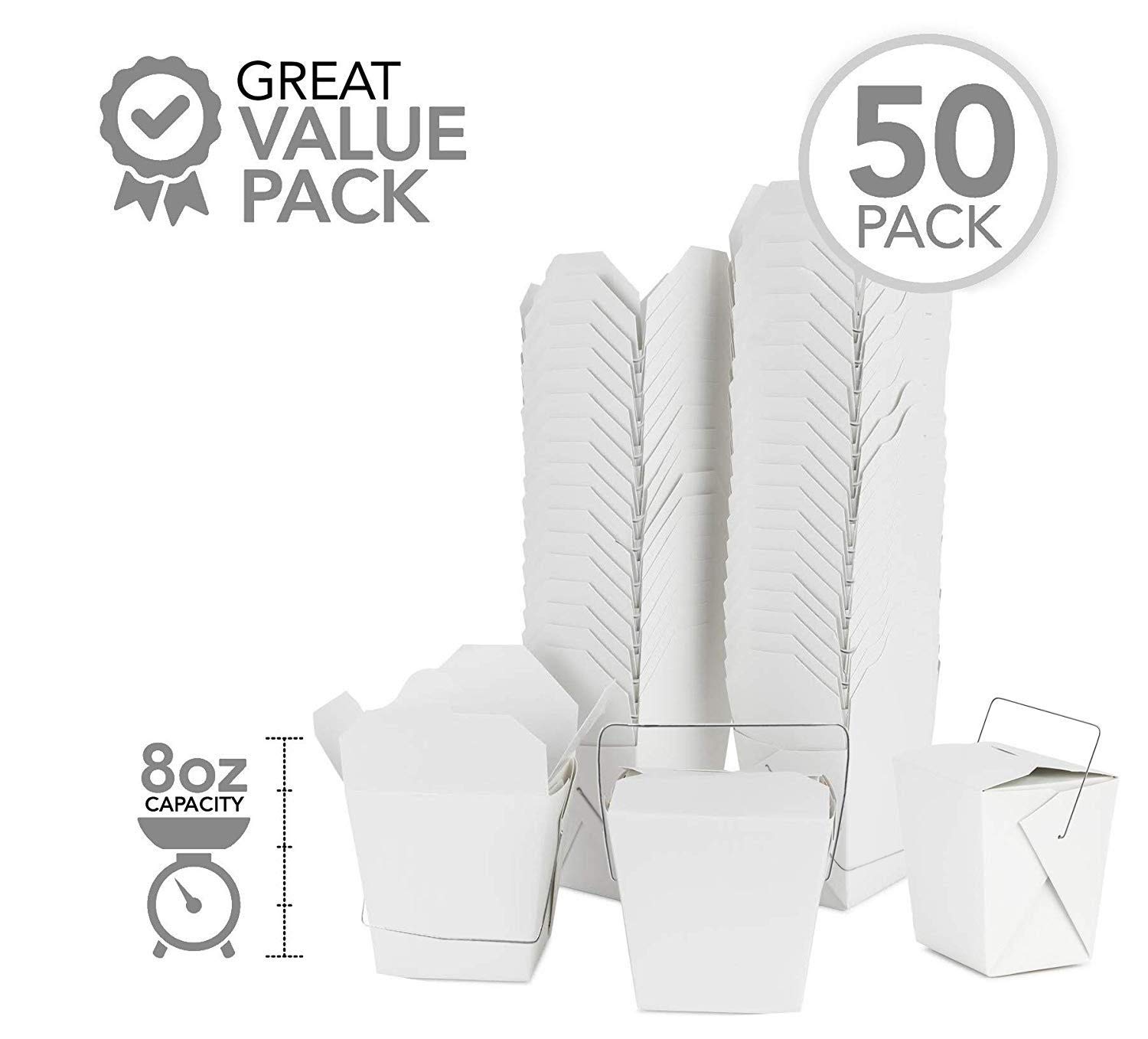 Takeout Food Containers with Handle 8 Oz White Microwaveable Mini Chinese Take Out Box (50 Pack) Leak and Grease Resistant Stackable To Go Boxes - Recyclable Food Containers - Party Favor Boxes