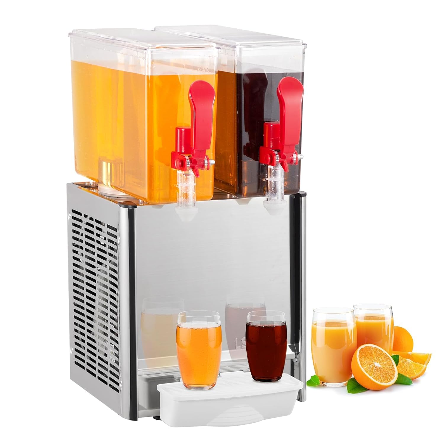 PioneerWorks Commercial Beverage Dispenser, 2 Tanks 5.28 Gallon 20L Commercial Juice Dispenser, 10 Liter Per Tank, 280W Stainless Steel Food Grade Ice Tea Drink Dispenser with Thermostat Controller