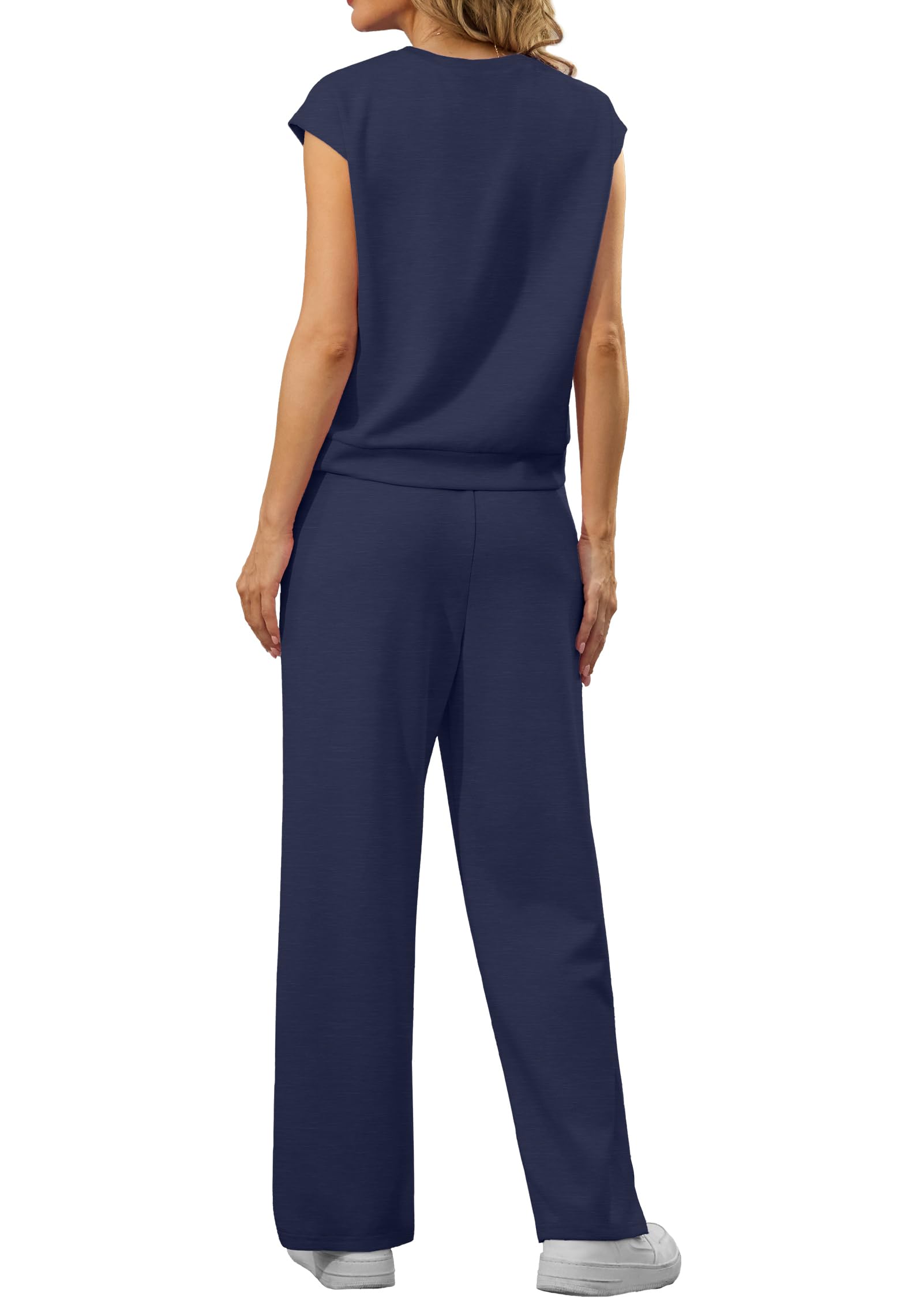GRECERELLE Tuta estiva a maniche corte da donna, set completo, da donna, casual, girocollo, maniche ad aletta e pantaloni da jogging con tasche